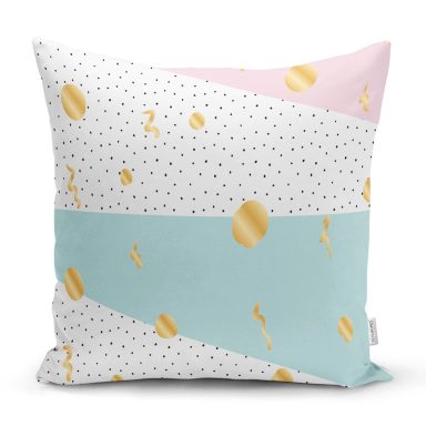 Beyaz Zemin Üzerinde Gold Detaylı Geometrik Desenli Yastık Kırlent Kılıfı