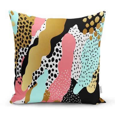 Beyaz Zemin Üzerinde Gold Detaylı Renkli Geometrik Desenli Yastık Kırlent Kılıfı