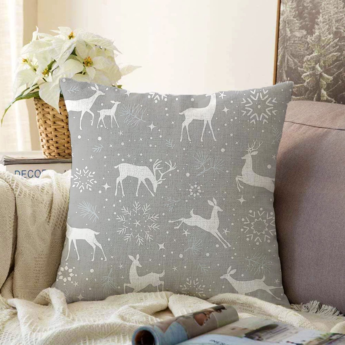 Sonil-K-8464-Çift-Taraflı-Gri-Zemin-Üzerinde-Geyik-Desenli-Dijital-Baskılı-Modern-Şönil-Yastık-Kırlent-Kılıfı