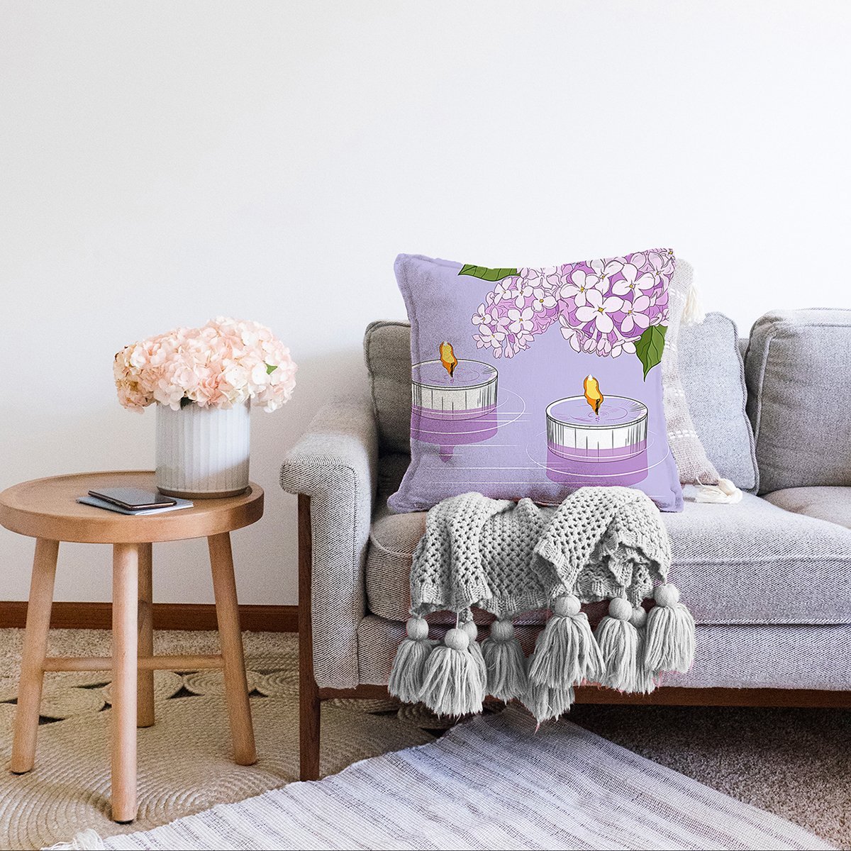 Sonil-K-8497-Çift-Taraflı-Renkli-Zemin-Üzerinde-Mum-Desenli-Çiçek-Motifli-Modern-Şönil-Yastık-Kırlent-Kılıfı-1