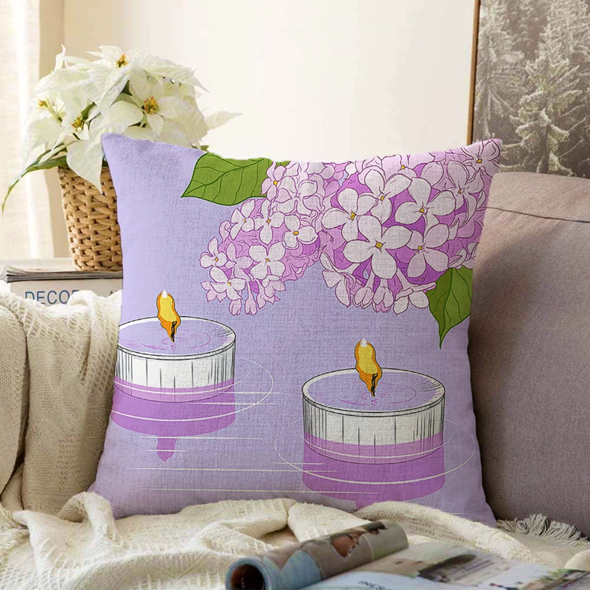 Sonil-K-8497-Çift-Taraflı-Renkli-Zemin-Üzerinde-Mum-Desenli-Çiçek-Motifli-Modern-Şönil-Yastık-Kırlent-Kılıfı