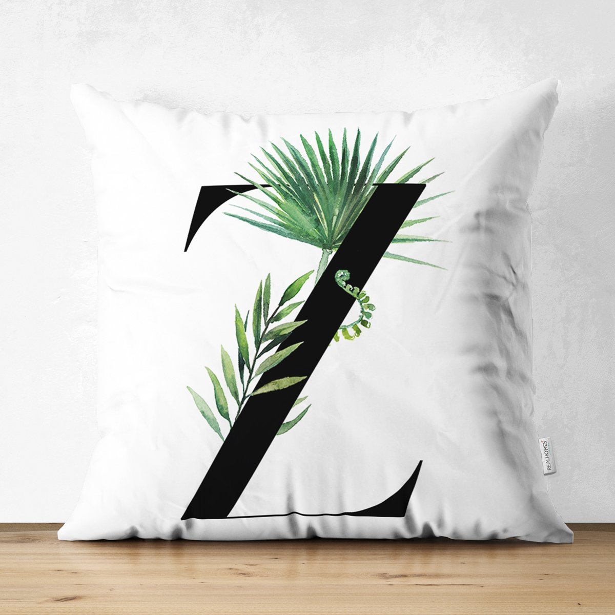 Suet-K9484-Beyaz-Zemin-Yaprak-Motifli-Siyah-Z-Harfi-Ozel-Tasarim-Modern-Suet-Yastik-Kirlent-Kilifi