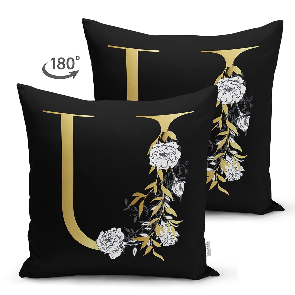 Suet-K9711-Siyah-Zemin-Beyaz-Gul-Motifli-Gold-U-Harfi-Ozel-Tasarim-Modern-Suet-Yastik-Kirlent-Kilifi-1