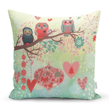 Baykuş Resimli Dijital Baskılı Dekoratif Yastık Kırlent Kılıfı - K94