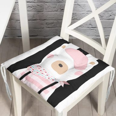 Siyah Çizgili Zemin Şapkalı Ayıcık Desenli Dijital Baskılı Modern Pofidik Sandalye Minderi