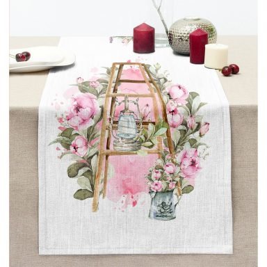 Çiçek Köşesi Özel Tasarım Dijital Baskılı Dekoratif Dikişli Şönil Runner