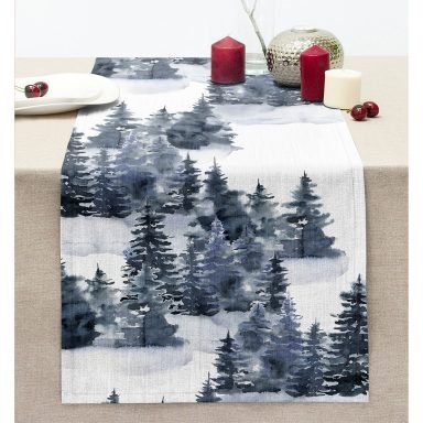 Suluboya Çizimli Kış Temalı Çam Ağaçları Dijital Baskılı Dekoratif Dikişli Şönil Runner