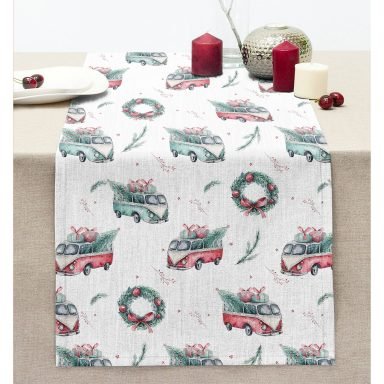 Christmas Temalı Araba Tasarımlı Dijital Baskılı Dekoratif Dikişli Şönil Runner