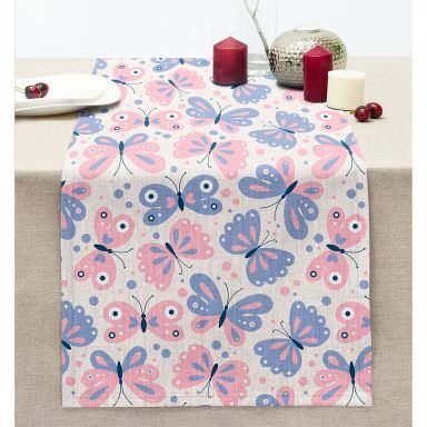 Renkli Kelebek Motifli Dijital Baskılı Modern Dikişli Şönil Runner