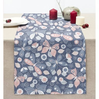 Renkli Kelebek Motifli Dijital Baskılı Dekoratif Dikişli Şönil Runner