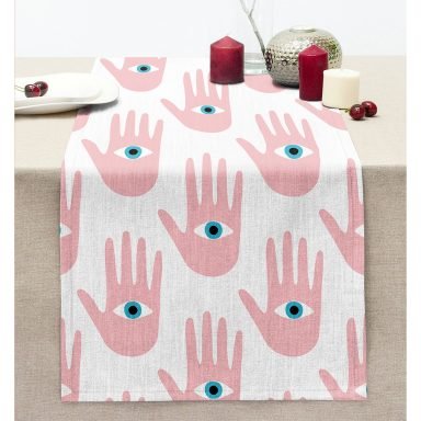 Mistik El İçinde Göz Motifli Dijital Baskılı Modern Dikişli Şönil Runner