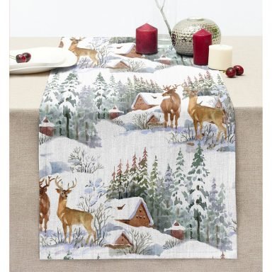 Kış Temalı Bağ Evi & Geyik Tasarımlı Dijital Baskılı Modern Dikişli Şönil Runner