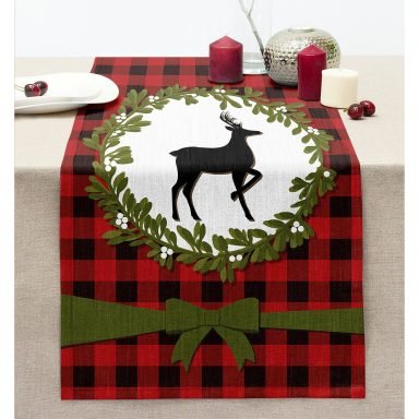 Ekose Zemin Çelenkli Geyik Motifli Dijital Baskılı Modern Dikişli Şönil Runner