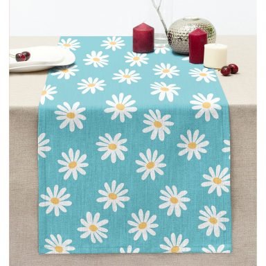 Mavi Zemin Papatya Çizimli Dijital Baskılı Modern Dikişli Şönil Runner