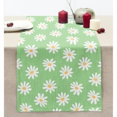 Yeşil Zemin Papatya Özel Tasarımlı Dijital Baskılı Modern Dikişli Şönil Runner