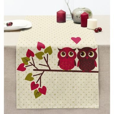 Baykuş Temalı Dijital Baskılı Dekoratif Dikişli Şönil Runner