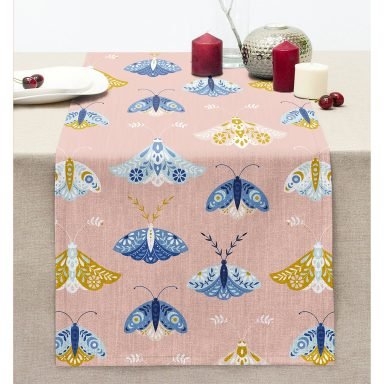 Pembe Zemin Renkli Kelebekler Özel Tasarım Dijital Baskılı Modern Dikişli Şönil Runner