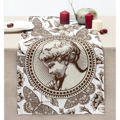 Karakalem Çiçek & Portre Desenli Dijital Baskılı Dekoratif Dikişli Şönil Runner