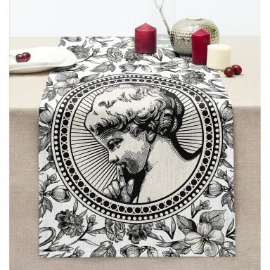 Karakalem Çiçek & Portre Desenli Dijital Baskılı Dekoratif Dikişli Şönil Runner