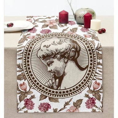 Renkli Çiçek Portre Motifli Dijital Baskılı Dekoratif Dikişli Şönil Runner