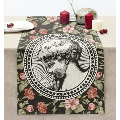 Renkli Gül & Portre Motifli Dijital Baskılı Dekoratif Dikişli Şönil Runner