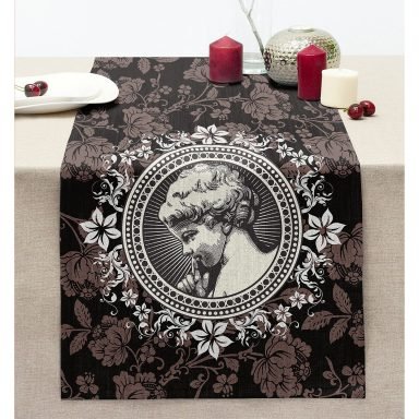 Gül & Portre Motifli Dijital Baskılı Dekoratif Dikişli Şönil Runner