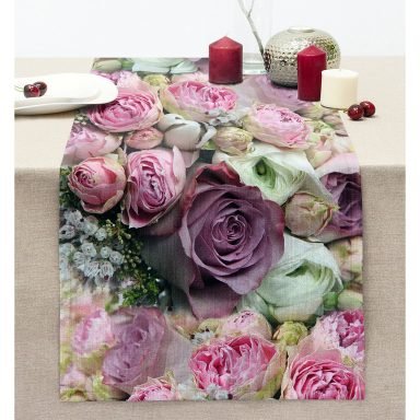 Pembe Güller Dijital Baskılı Dekoratif Dikişli Şönil Runner