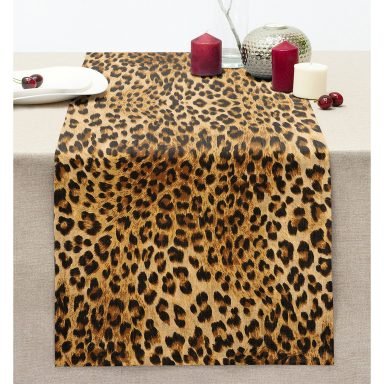 Leopar Desenli Dijital Baskılı Dekoratif Dikişli Şönil Runner