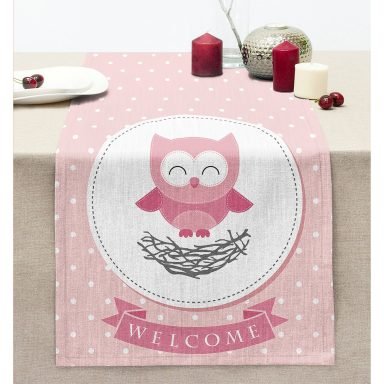 Sevimli Baykuş Dijital Baskılı Dekoratif Dikişli Şönil Runner