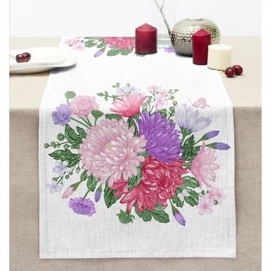 Çiçek Motifli Modern Dijital Baskılı Dekoratif Dikişli Şönil Runner