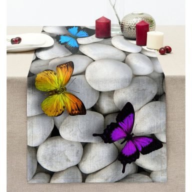 Kelebek Desenli Dijital Baskılı Dekoratif Dikişli Şönil Runner