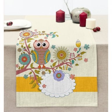 Baykuş Desenli Dijital Baskılı Dekoratif Modern Dikişli Şönil Runner