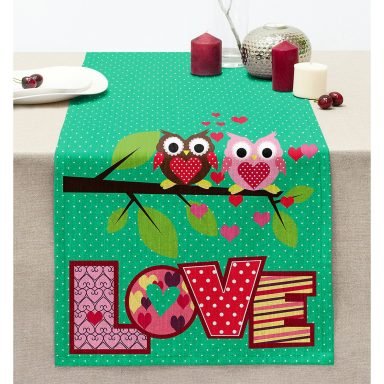 Baykuş Desenli Dijital Baskılı Dekoratif Dikişli Şönil Runner