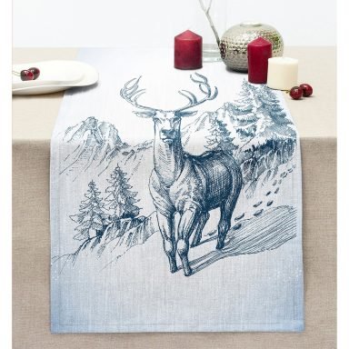 Geyik Çizimli Dijital Baskılı Dikişli Şönil Runner