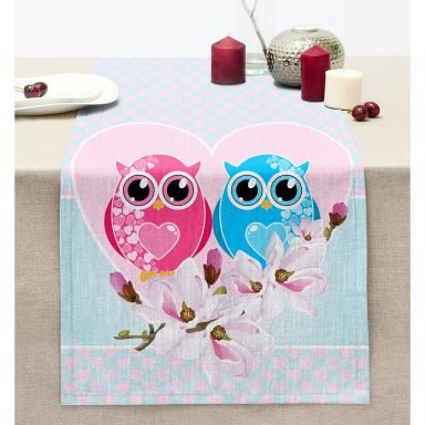 Realhomes Modern Baykuş Resimli Dijital Baskılı Modern Dikişli Şönil Runner