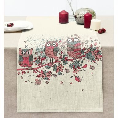 Renkli Eskitme Baykuş Motifli Dikişli Şönil Runner