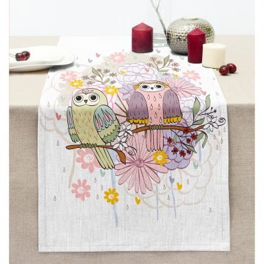 Renkli Eskitme Baykuş Motifli Dikişli Şönil Runner