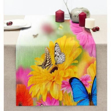 Çiçek Ve Kelebek Desenli Dijital Baskılı Dekoratif Modern Dikişli Şönil Runner