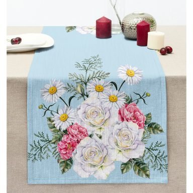 Çiçek Desenli Dijital Baskılı Dekoratif Dikişli Şönil Runner