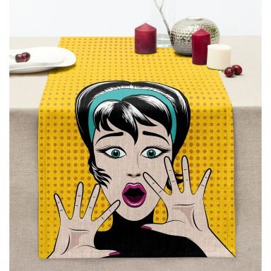 Pop Art Resimli Dijital Baskılı Dekoratif Dikişli Şönil Runner