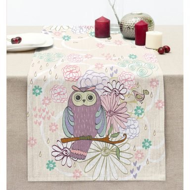 Renkli Eskitme Baykuş Tasarımlı Dikişli Şönil Runner