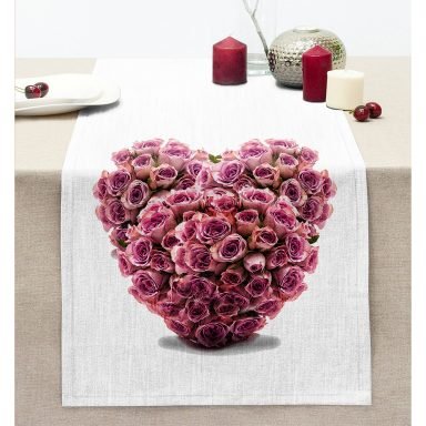 Güllü Kalp Dijital Baskılı Dekoratif Dikişli Şönil Runner