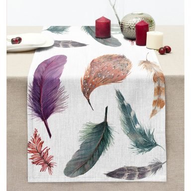 Kuş Tüyü Resimli Dijital Baskılı Dekoratif Dikişli Şönil Runner