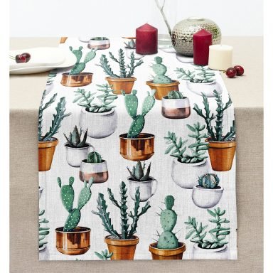Kaktüs Desenli Dijital Baskılı Dekoratif Dikişli Şönil Runner