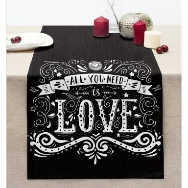 Siyah Love Dijital Baskılı Dekoratif Dikişli Şönil Runner