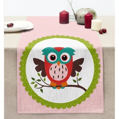 Baykuş Desenli Dijital Baskılı Dekoratif Dikişli Şönil Runner