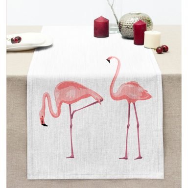 Pembe Flamingo Desenli Dijital Baskılı Dikişli Şönil Runner