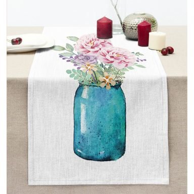 Vazo Çiçek Desenli Dijital Baskılı Dikişli Şönil Runner