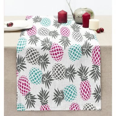 Beyaz Zeminde Ananas Motifli Dijital Baskılı Dekoratif Dikişli Şönil Runner