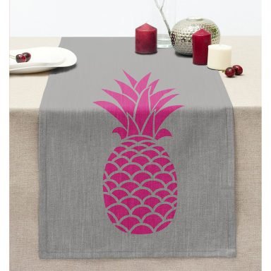 Gri Zemin Ananas Dijital Baskılı Dikişli Şönil Runner